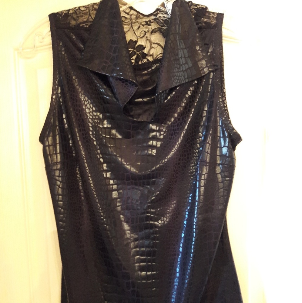 Joseph Ribkoff  Black faux leather/lace back